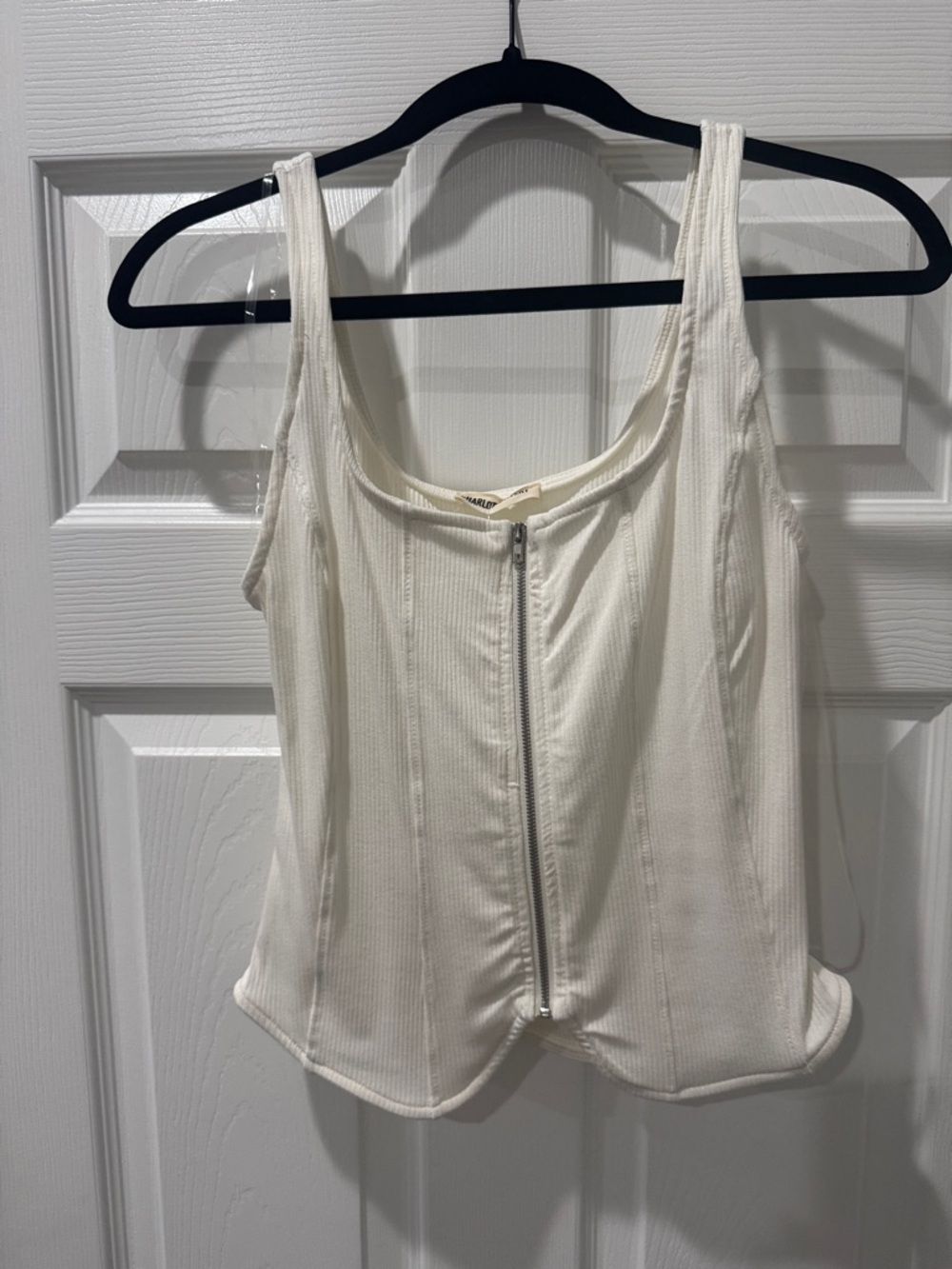 White Ribbed Zip-Front Camisole Tank